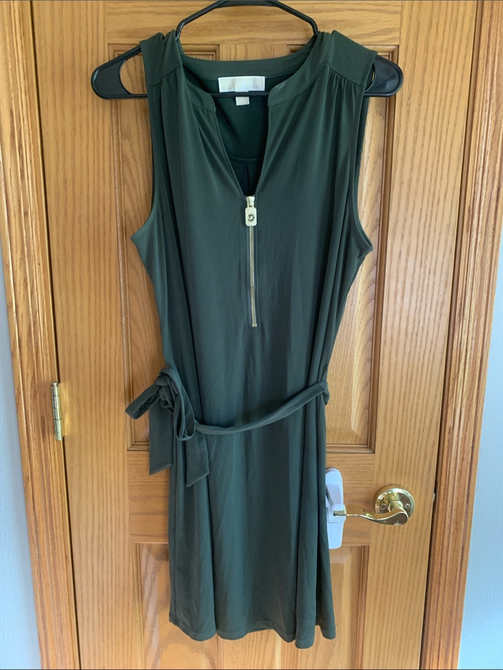 Michael Kors Olive Green Sleeveless Zip-Front Belted Midi Dress
